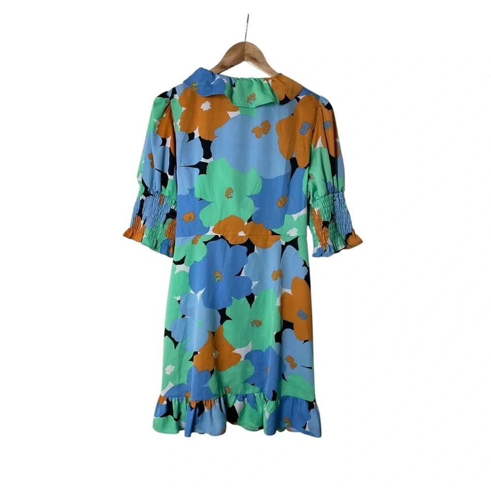 Topshop Blue Floral Print V-Neck Tie Waist Wrap Mini Dress US 12